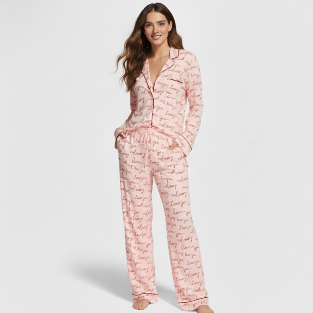 Victoria's Secret Modal Long Pajama Set in Purest Pink Script Lg (short) NWT